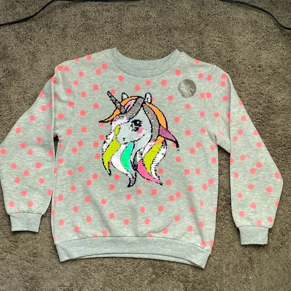 NWT H&M Unicorn Polka Dot Kids Sweatshirt - Gray and Pink size 8-10 Y - Picture 1 of 17